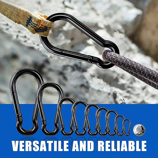 KINLINK 4 Pack Black Carabiner Clip, 7 inch Heavy Duty Spring Snap Hook, Large Caribeener Clips for Camping, Swing Set, Hammock, Hiking, Travel, Weight Lifting Machine, Home Gym Equipment