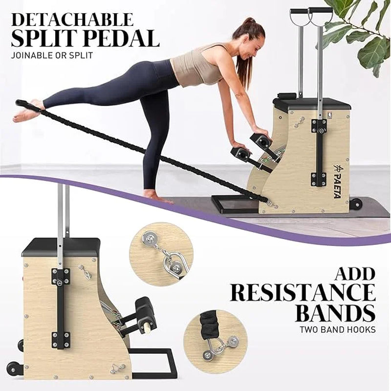 Pilates Reformer Machine, Wood Pilates Machine Bed Yoga Exercise Strength Training Equipment with Pilates Chair for Home Workout