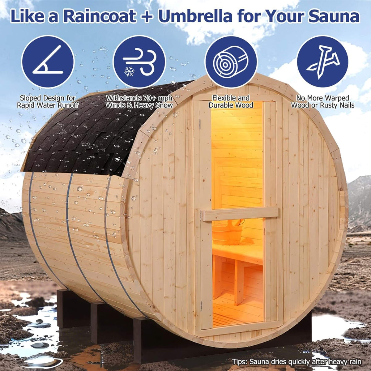 Thermora Haven Premium All-Weather Outdoor Pinewood Barrel Sauna Kit With 4.5KW Heater And Tempered Glass Window (SAK91462)