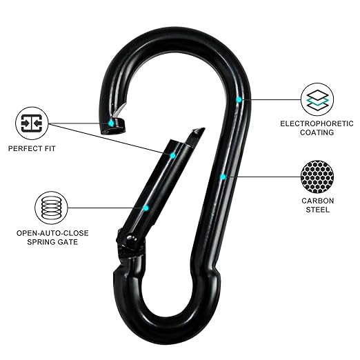 KINLINK 4 Pack Black Carabiner Clip, 7 inch Heavy Duty Spring Snap Hook, Large Caribeener Clips for Camping, Swing Set, Hammock, Hiking, Travel, Weight Lifting Machine, Home Gym Equipment