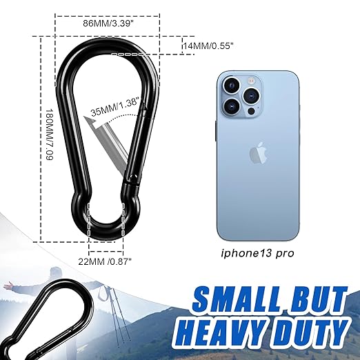 KINLINK 4 Pack Black Carabiner Clip, 7 inch Heavy Duty Spring Snap Hook, Large Caribeener Clips for Camping, Swing Set, Hammock, Hiking, Travel, Weight Lifting Machine, Home Gym Equipment
