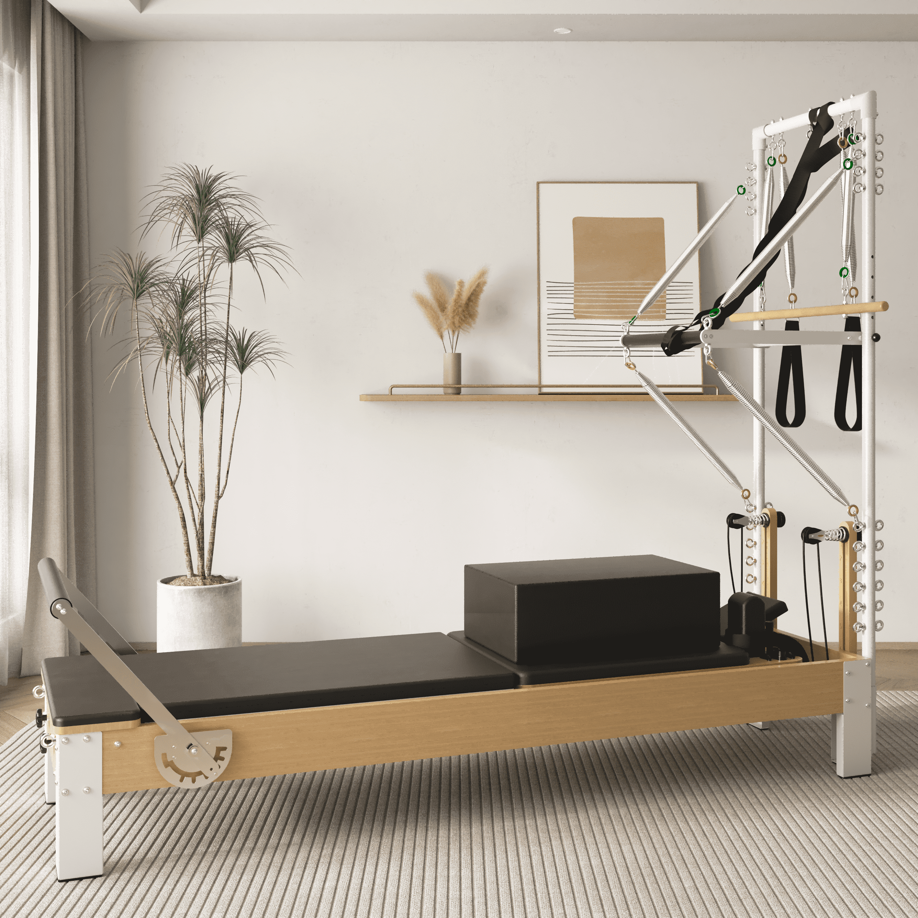 Pilates Reformer, Wooden Pilates Reformer Machine with Tower & Mat, Pilates Equipment for Home Workout and Studio, with Reformer Accessories, Sitting Box, Jump Board