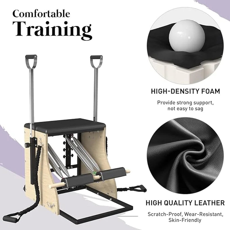 Pilates Reformer Machine, Wood Pilates Machine Bed Yoga Exercise Strength Training Equipment with Pilates Chair for Home Workout